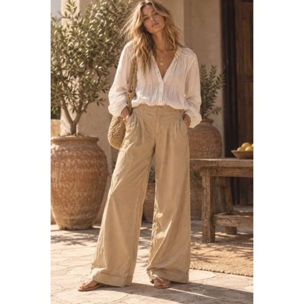 American Eagle Women Tan Wide Leg Trouser Pants Size 4 Regular Stretch Khaki